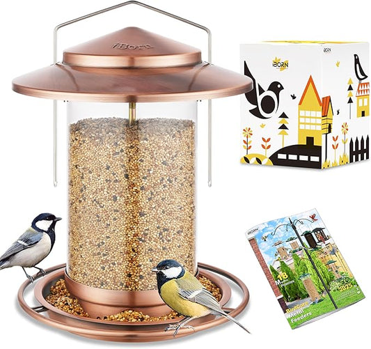 iBorn Bird Feeders for Outdoors Hanging,Metal Bird Feeders for Cardinal Chew Proof 18cm Large Roof&Tray Birdfeeders Outside Hanging,Brushed Copper 6 Port (Seed is not Included)