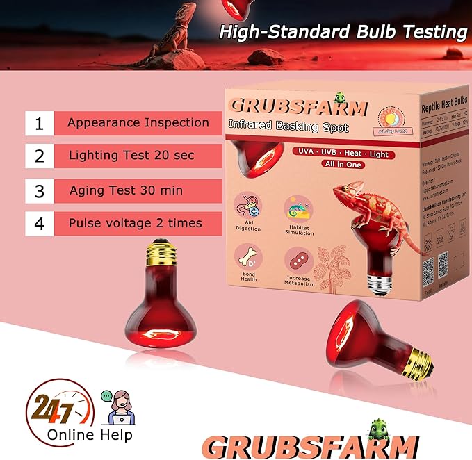 60W Compact Red Infrared Heat Lamp Bulb – Provides All-Day Heating to Support Metabolism, Digestion & Appetite, Basking Spot Light for Reptiles, Lizards, Terrarium & Brooder Heater, 2.5"