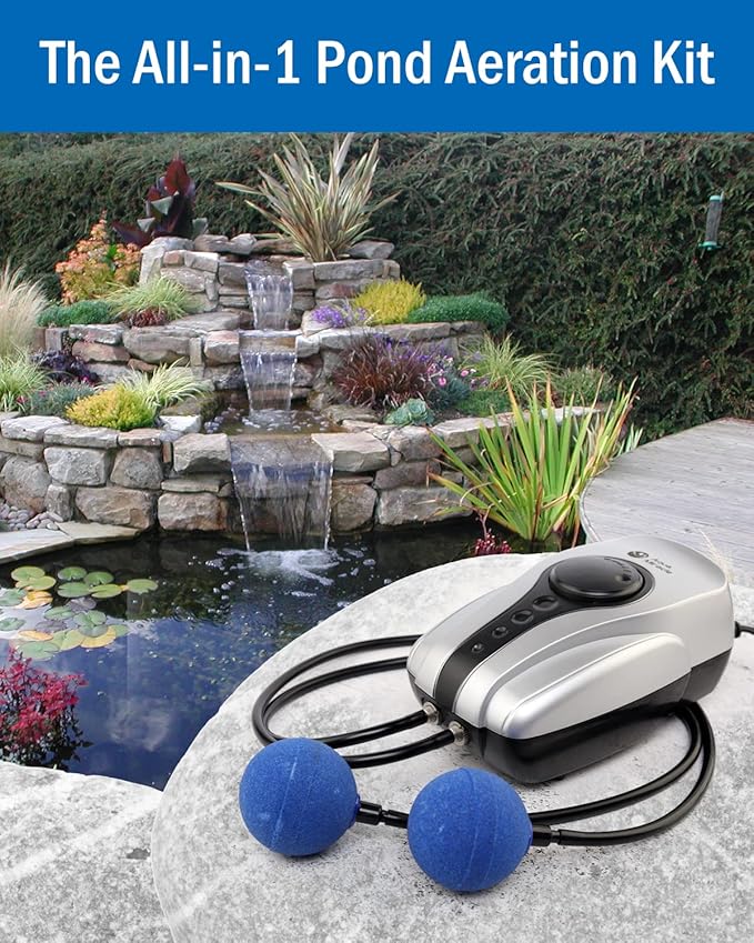 AquaMiracle All-in-One Koi Pond Aerator for Outdoor Ponds up to 1000 Gallons, Pond Air Pump Pond Aeration System with Double Outlet Airline Tubing Air Stones Check Valves