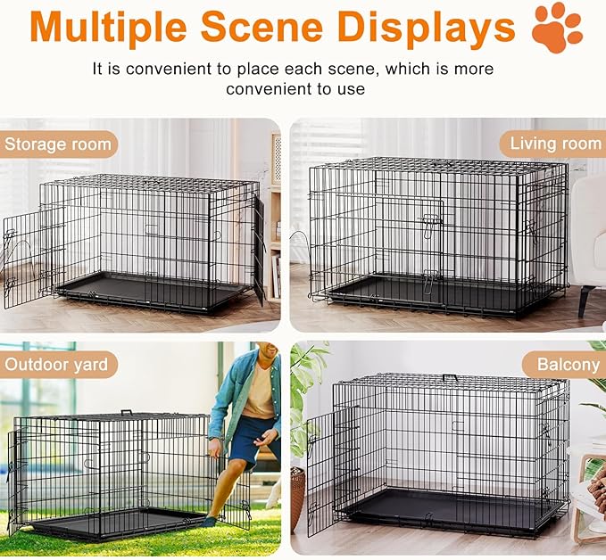 FDW Large Dog Crate 42inch Dog Cage Foldable Metal Kennel with Leakproof Tray Foldable Design Indoor Outdoor Use for Large Dogs,Black