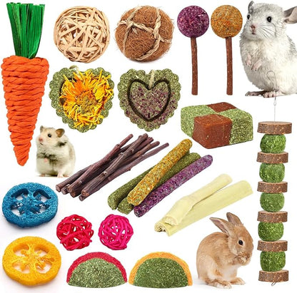 Rabbit & Guinea Pig Toys - Natural Timothy Hay & Apple Wood Sticks for Teeth Care - Handmade for Hamster, Bunny, Chinchilla (27 Pcs)