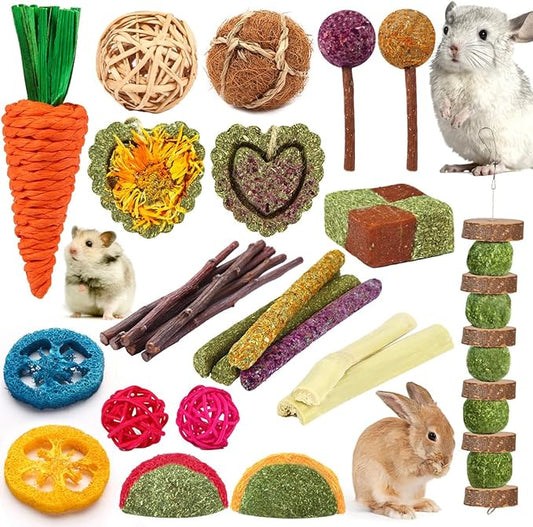 Rabbit & Guinea Pig Toys - Natural Timothy Hay & Apple Wood Sticks for Teeth Care - Handmade for Hamster, Bunny, Chinchilla (27 Pcs)