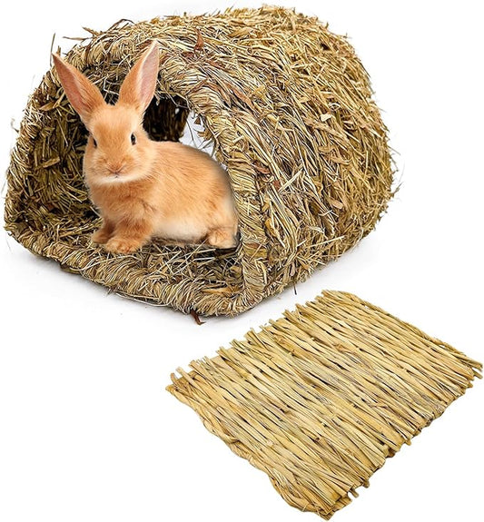 Hamiledyi Bunny Grass Tunnel,Rabbit Grass Bed,Natural Straw Woven Mat Winter Warm Hideaway Hut for Rabbit Gerbil Ferrets Guinea Pig Chinchilla (Small).