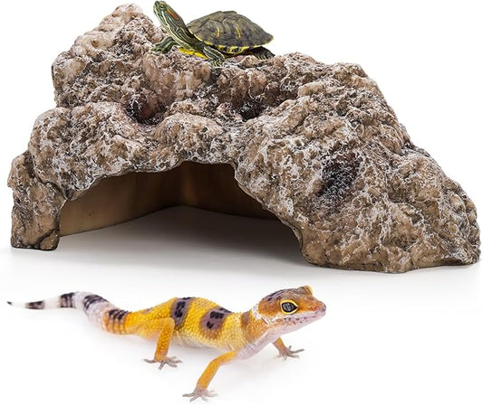 TOPZEA Reptile Hide Cave, Large Resin Bearded Dragon Hideout Rock Caves Snake Hide, Natural Terrarium Habitat Decor Ornament for Leopard Gecko Lizard Turtle Frog, Amphibian Tank Accessories