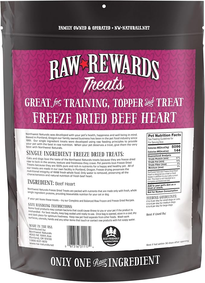 Northwest Naturals Raw Rewards Freeze-Dried Beef Heart Treats for Dogs and Cats - Bite-Sized Pieces - Healthy, 1 Ingredient, Human Grade Pet Food, All Natural, Proudly Made in USA, 10 Oz
