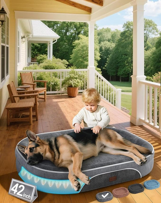 OhGeni Orthopedic Big Dog Couch Pet Sofa XL Sized Cat Beds with Comfort Foam Support, Soft Comfortable Fabric, Machine Washable Waterproof Removable Cover, 42-Inch (Gray)