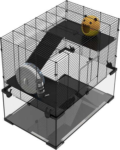 PawHut Large Hamster Cage with Deep Tempered Glass Bottom, 3 Tiers Hamster Tank with Running Wheel, Hut, Water Bottle, Dish, Rat Cage for Syrian, Dwarf, Gerbils, Mouse, 23.5" x 16" x 22.5", Black