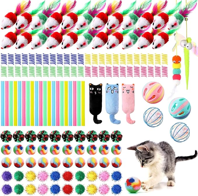 Shappy 150 Pcs Cat Toys Bulk Kitten Toys Pack Variety Funny Interactive Gift Including Mice Rainbow Balls Spring Crinkle Balls for Indoor Cat Kitty Kitten (Funny)