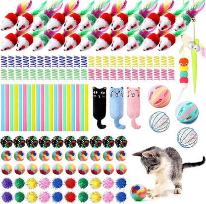 Shappy 150 Pcs Cat Toys Bulk Kitten Toys Pack Variety Funny Interactive Gift Including Mice Rainbow Balls Spring Crinkle Balls for Indoor Cat Kitty Kitten (Funny)