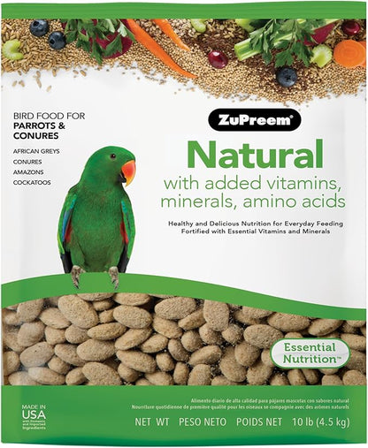 ZuPreem Natural Bird Food, Bird Feed Pellets for Parrot, Conure, Caique, African Grey, Eclectus, Small Cockatoo, ZuPreem Core Nutrition, Made in USA, Added Vitamins, Parrot Food, (M/L, 10 lb Bag)