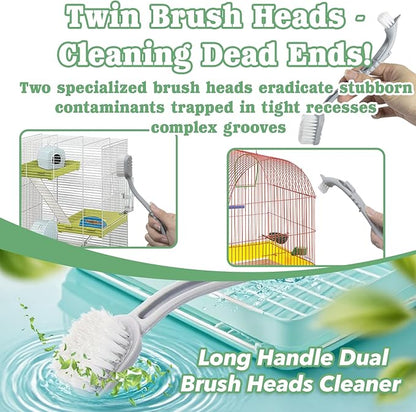 2 Pcs Bird Cage Cleaner Brush & Scoop with Long Handle and Curved Brush Head, 2-in-1 Bird Cage Cleaner with Front and Back Brushes for Kennel, and Parrot Perch Cleaning