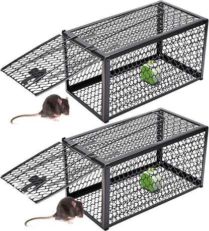 Qualirey 2 Pcs Humane Rat Trap Chipmunk Rodent Mouse Squirrel Trap 11 x 6 x 6 Inches Live Animal Mouse Voles Hamsters Live Cage Rat Cage for Mice Easy to Catch and Release, Black