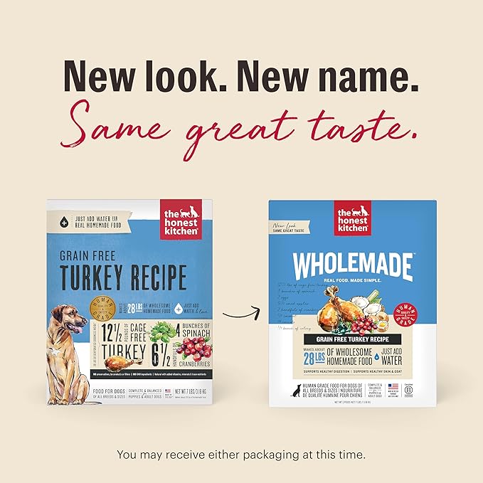 The Honest Kitchen Human Grade Wholemade™ Dehydrated Grain Free Turkey Dog Food - Complete & Balanced Meal or Topper 4 lb Box