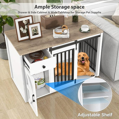 Verano Garden 44" Dog Crate, 2-in-1 Furniture-Style Dog Crate with Storage Drawer & Cabinet, Heavy Duty Dog Kennel Dog Cage Indoor for Small Medium Dogs, White (44" Left Facing Door)