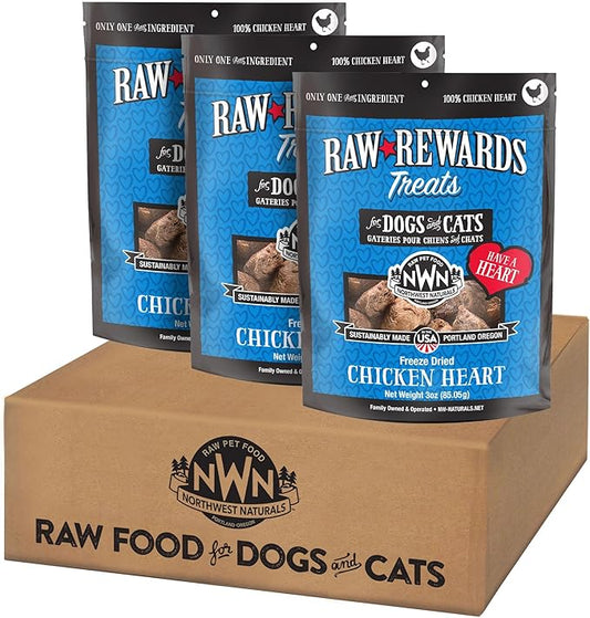 Northwest Naturals Raw Rewards Freeze-Dried Chicken Heart Treats for Dogs and Cats - Bite-Sized Pieces - Healthy, 1 Ingredient, Human Grade Ingredients, Natural, Proudly Made in USA, 3 Oz (Pack of 3)