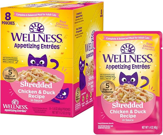 Wellness Appetizing Entrées Shredded Adult Wet Cat Food, Natural, Protein-Rich, Grain Free, 1.4 Ounce Pouch, 8 Pack (Chicken & Duck Recipe)
