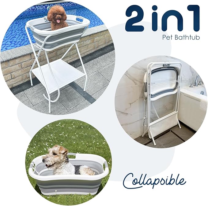 2 in 1 Dog Bath Tub Dog Washing Station for Bathing and Grooming, Elevated Collapsible Foldable Portable Shower Bathtub for Small Dogs Cats Pet, Indoor and Outdoor