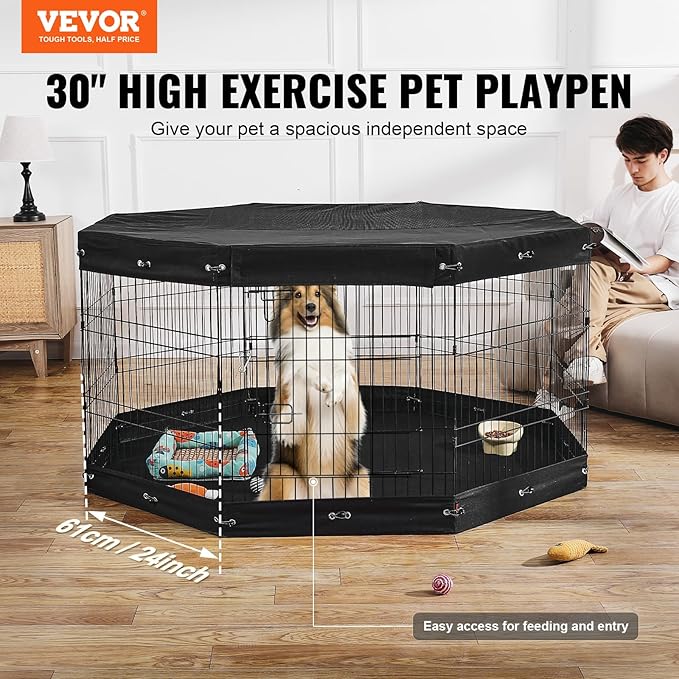 VEVOR Dog Playpen, 8 Pcs 30" H x 24" W Panels Foldable Metal Pet Exercise Pen, Dog Fence Indoor and Outdoor Pen with Door, Bottom Pad and Top Cover, Pet Playpen for Dogs, Cats, Other Small Animals
