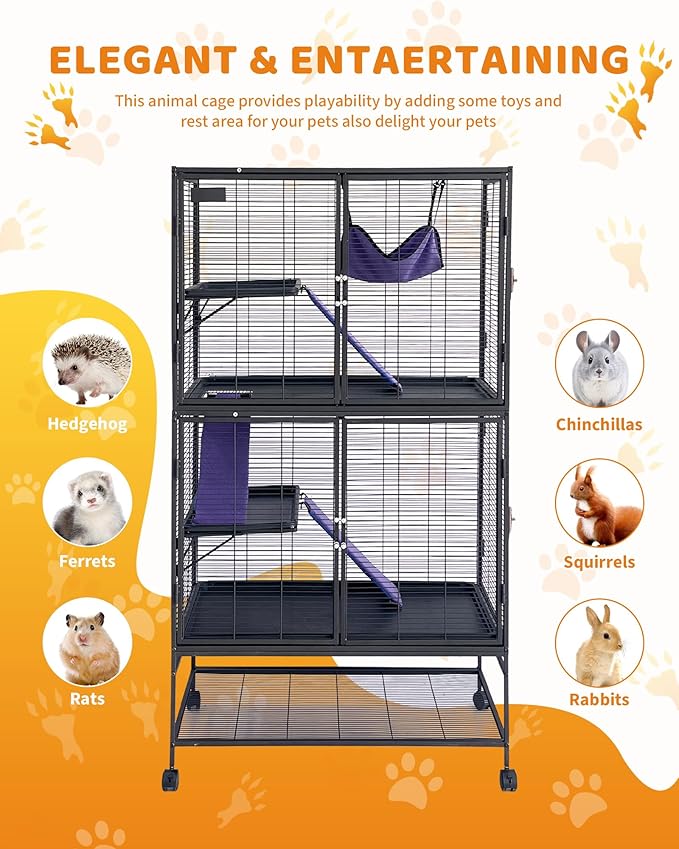 Garvee Small Animal Cage, 64 ''H Deluxe Ferret Cage - 4 Tier Large Chinchilla Cage with Removable Ramp, Hammock, Extra Storage Stand,Removable Tray for Ferret, Chinchilla, Guinea Pig,Hamster