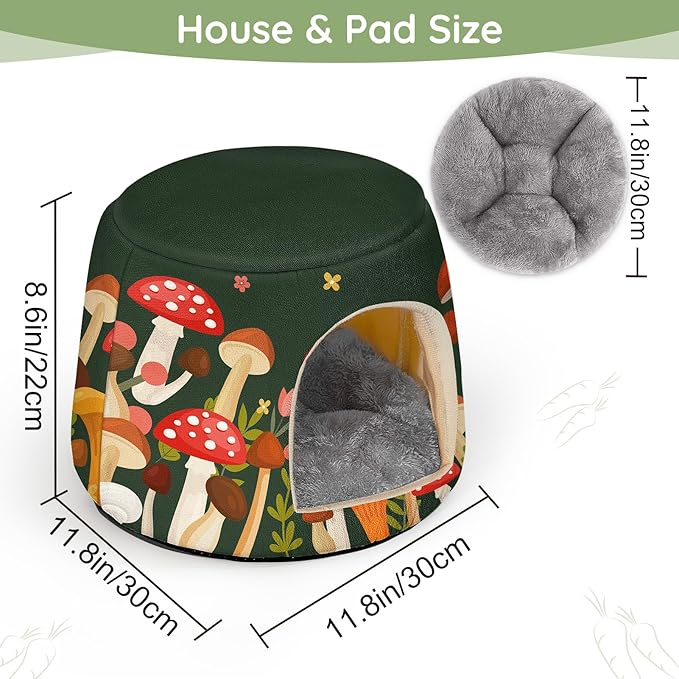 Glittme Guinea Pig Hideout, 2 in 1 Guinea Pig Bed with Removable Pad, Washable Bunny Bed, Foldable Guinea Pig Accessories for Guinea Pig Cages, Guinea Pig, Bunny, Hamster, Hedgehog, Rabbit,Mushroom