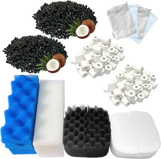 24 Pack Aquarium Media Kit Replacement for Fluval 206/207 Canister Filters, Replacement Bio Foam Filters, Activated Carbon & Ceramic Rings (2 Sets Maintenance Bundle)
