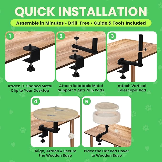 Zayana Cat Desk Bed Attachment - 360° Rotating & Adjustable Height Cat Bed Desk Mount with Soft Faux Fur Washable Cover, Space Saver Hammock for Home Office & Gaming Table, Supports Up to 45 lb, Beige