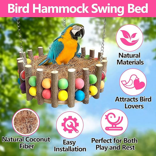 Bird Hammock, Bird Nest House, Hanging Hammock Snuggle Hut with Natural Coconut Fiber Bedding for Budgies, Parakeets, Cockatiels, Lovebirds, Conures, Quakers