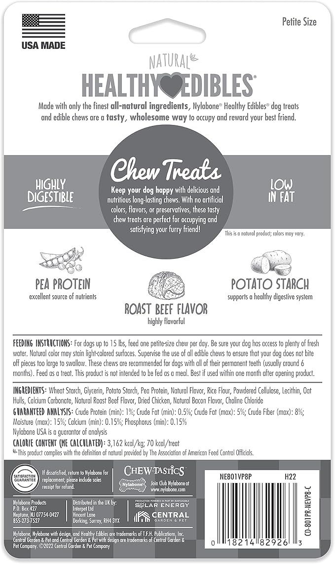 Nylabone Healthy Edibles Natural Dog Chews Long Lasting Chew Treats for Dogs, Roast Beef Flavor, X-Small/Petite (8 Count)