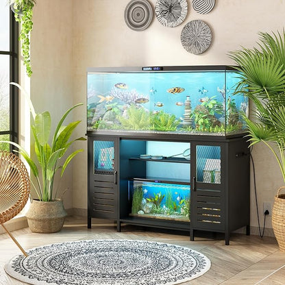 BREEZEHEAT 55-75 Gallon Fish Tank Stand with Power Outlets, LED Light, Heavy Duty Aquarium Stand with Cabinet, Terrarium stand Suitable for Turtle/Reptile Tank-Black 53.2" Lx 20.1" W x 31.5" H