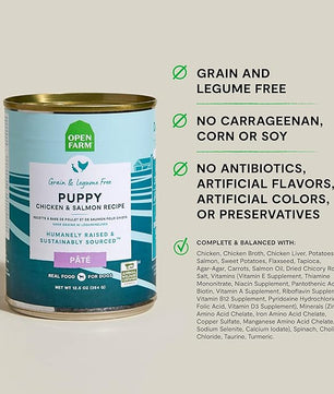 Open Farm Canned Puppy Food, Paté for Complete & Balanced Nutrition, Grain-Free and Legume-Free, Chicken & Salmon Recipe for Puppies, 12.5oz Cans (Pack of 12)