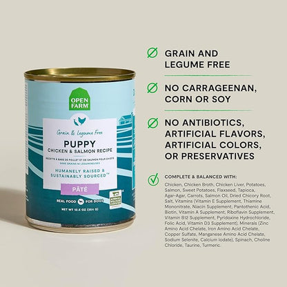 Open Farm Canned Puppy Food, Paté for Complete & Balanced Nutrition, Grain-Free and Legume-Free, Chicken & Salmon Recipe for Puppies, 12.5oz Cans (Pack of 12)