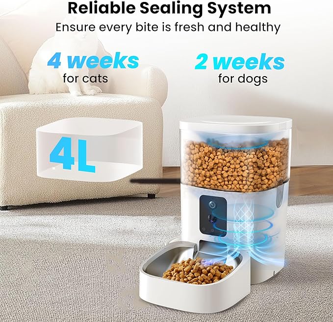 Automatic Cat Feeder with Cameras, 5G WiFi Pet Food Dispenser with 2-Way Audio & Meal Call, 4L Cat Auto Feeder, Easy Setup, App Control, Night Vision, Cloud Storage, AI Pet Motion Capturing