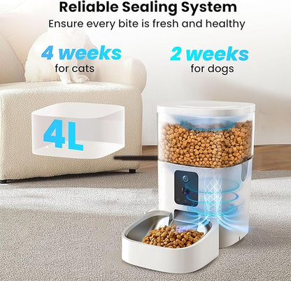 Automatic Cat Feeder with Cameras, 5G WiFi Pet Food Dispenser with 2-Way Audio & Meal Call, 4L Cat Auto Feeder, Easy Setup, App Control, Night Vision, Cloud Storage, AI Pet Motion Capturing
