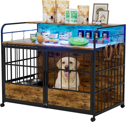 WARCAT Large Furniture Dog Crate, Heavy Duty Dog Crate, Dog Kennel Indoor, Wood Dog Cage Table with Adjustable Lighting Color, Sturdy Metal, 44" L×26" W×37" H, Brown