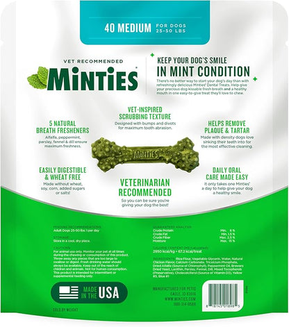Minties Dental Chews for Dogs, 40 Count, Vet-Recommended Mint-Flavored Dental Treats for Medium Dogs 25-50 lbs, Dental Bones Clean Teeth, Fight Bad Breath, and Removes Plaque and Tartar