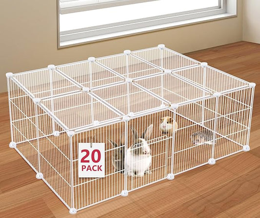 20 Panels Small Animal Playpen, Pet Playpen, C&C Cage for Guinea Pigs, Rabbit/Bunny Cage, Puppy Play Pen, Indoor Outdoor Portable Metal Wire Yard Fence(White)