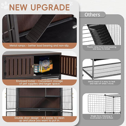 HABUTWAY 50''H Metal Large Ferret Cage, Rolling Chinchilla Cage with Removable Ramps& Double Door, Critter Nation with Locker, Small Animal Cage Indoor Wooden Pet Crate Furniture