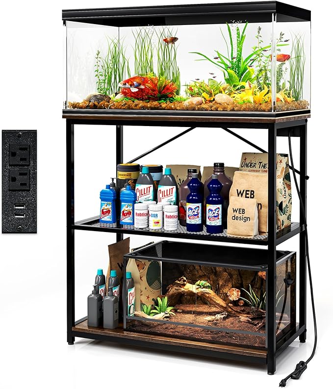 TC-HOMENY Fish Tank Stand 10,20,29,37 Gallon, Aquarium Stand with adjustable shelf,1000LB Capacity ,31" L x 16" W Metal Reptile Tank Stand, Double Storage Design Adjustable Boards, Brown