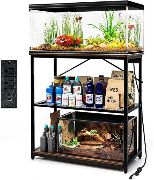 TC-HOMENY Fish Tank Stand 10,20,29,37 Gallon, Aquarium Stand with adjustable shelf,1000LB Capacity ,31" L x 16" W Metal Reptile Tank Stand, Double Storage Design Adjustable Boards, Brown