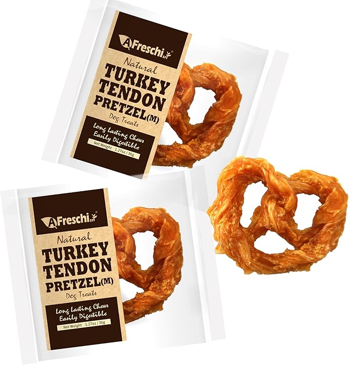 AFreschi Natural Turkey Tendon Pretzel (M) Pack of 2, Dog Treats for Signature Series, All Natural Human Grade Dog Chew, USA-Sourced Turkey Tendon, Hypoallergenic, Rawhide Alternative