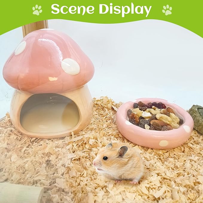 BNOSDM Ceramic Hamster Hideout Cute Mushroom Shape Hamster House and Habitat Cool Hamsters Hide Suitable for Syrian, Mice, Dwarf Hamsters, Gerbils (Pink)