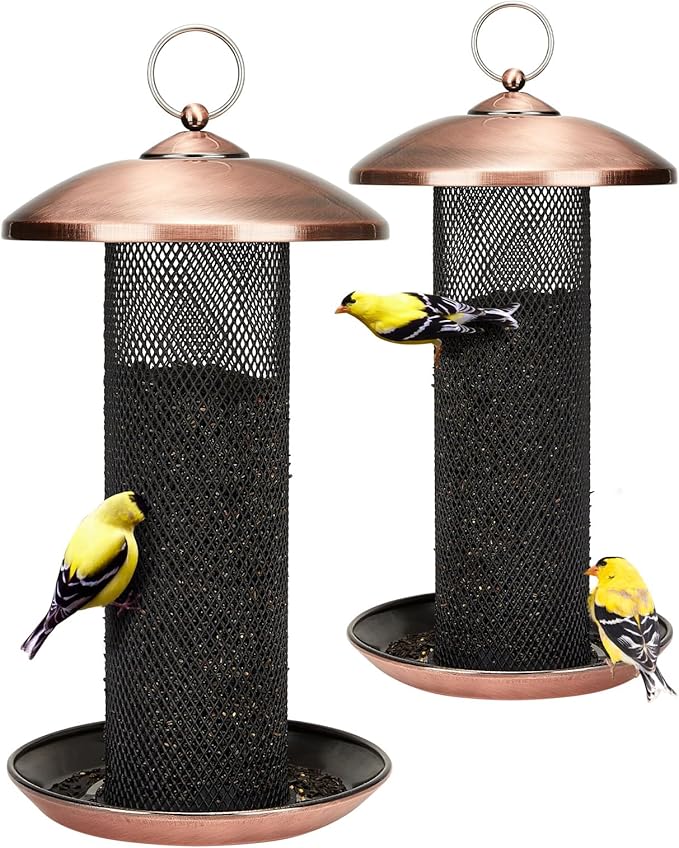 Kingsyard 2 Pack Metal Mesh Tube Bird Feeders for Outdoor Hanging, Finch Bird Feeder for Nyjer/Thistle Seed, 2.5 lbs Large Capacity (Antique Copper)