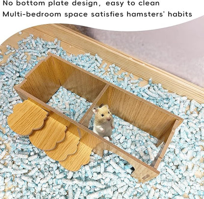Hamiledyi Hamster Hideout with Ladder Dwarf Hamster Wooden Maze Tunnel Platform Multi Chamber Exploring Toy Habitat Decor for Gerbil Syrian Mouse Small Animal, Brown