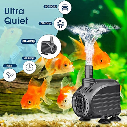 NFESOLAR Submersible Water Pump 120GPH, Ultra Quiet Submersible Pump with Dry Burning Protection 3ft High Lift for Fountains, Waterfall, Hydroponics, Aquariums KF202