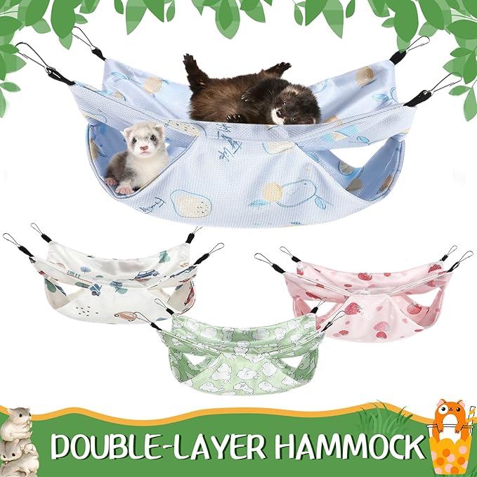 Nuogo 4 Pcs Rat Hammock for Cage Small Animal Hanging Ferret Hammocks for Rat Accessories Double Layer Ferret Bed for Guinea Pig Squirrel Chinchilla Playing and Sleeping (Summer)