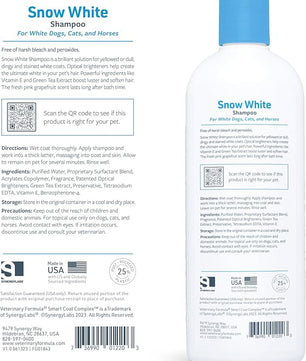 Veterinary Formula Smart Coat Complex Snow White Shampoo for Dogs and Cats, 17 Fl oz – Gently Remove Stains and Yellowing Without Bleach or Peroxide – Cleans, Deodorizes, and Brightens White Coats