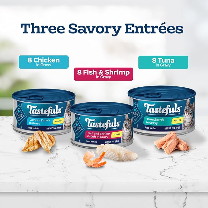 Blue Buffalo Tastefuls Natural Flaked Wet Cat Food Variety Pack, Tuna, Chicken and Fish & Shrimp Entrées in Gravy 3-oz Cans (24 Count)
