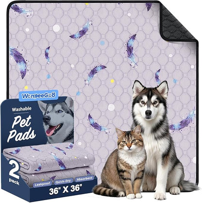 Washable Pee Pads for Dogs, 2Pack Reusable Puppy Pads, Super Absorbent & Leakproof Dog Pads, Anti-Slip Dog Pee Pads for Puppy Training & Incontinence, Feather Pattern 36"x36"