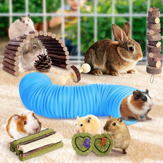 Kyouki Hamster Toys Guinea Pig Toys Set with Tunnel, Chewable Apple Wood & Natural Timothy Hay - Enrichment Chew Toys for Small Animals - 24+ Cage Accessories for Teeth Care & Boredom Relief (Blue)