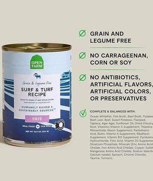 Open Farm Canned Dog Food, Paté for Complete & Balanced Nutrition, Grain-Free and Legume-Free, Surf & Turf Recipe, 12.5oz Cans (Pack of 12)